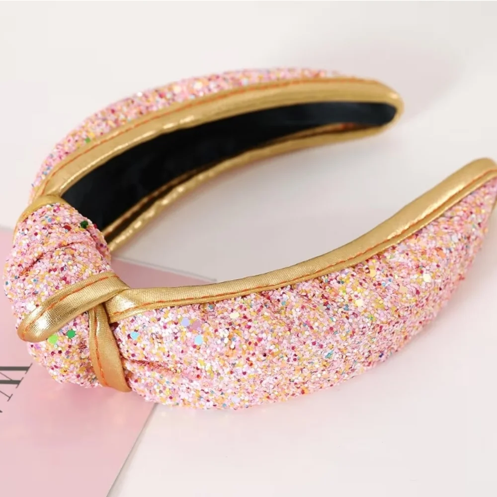 Glitter Sequins Knot Hairband Headband, Pink/Gold